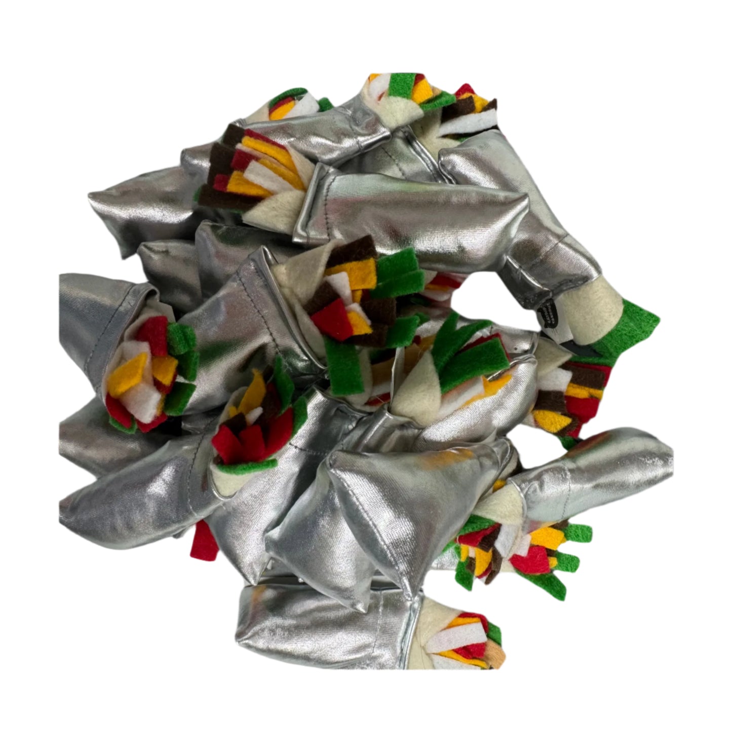 A handmade cat toy designed to resemble a burrito, with catnip as the filling, and decorative elements like tomato and lettuce.