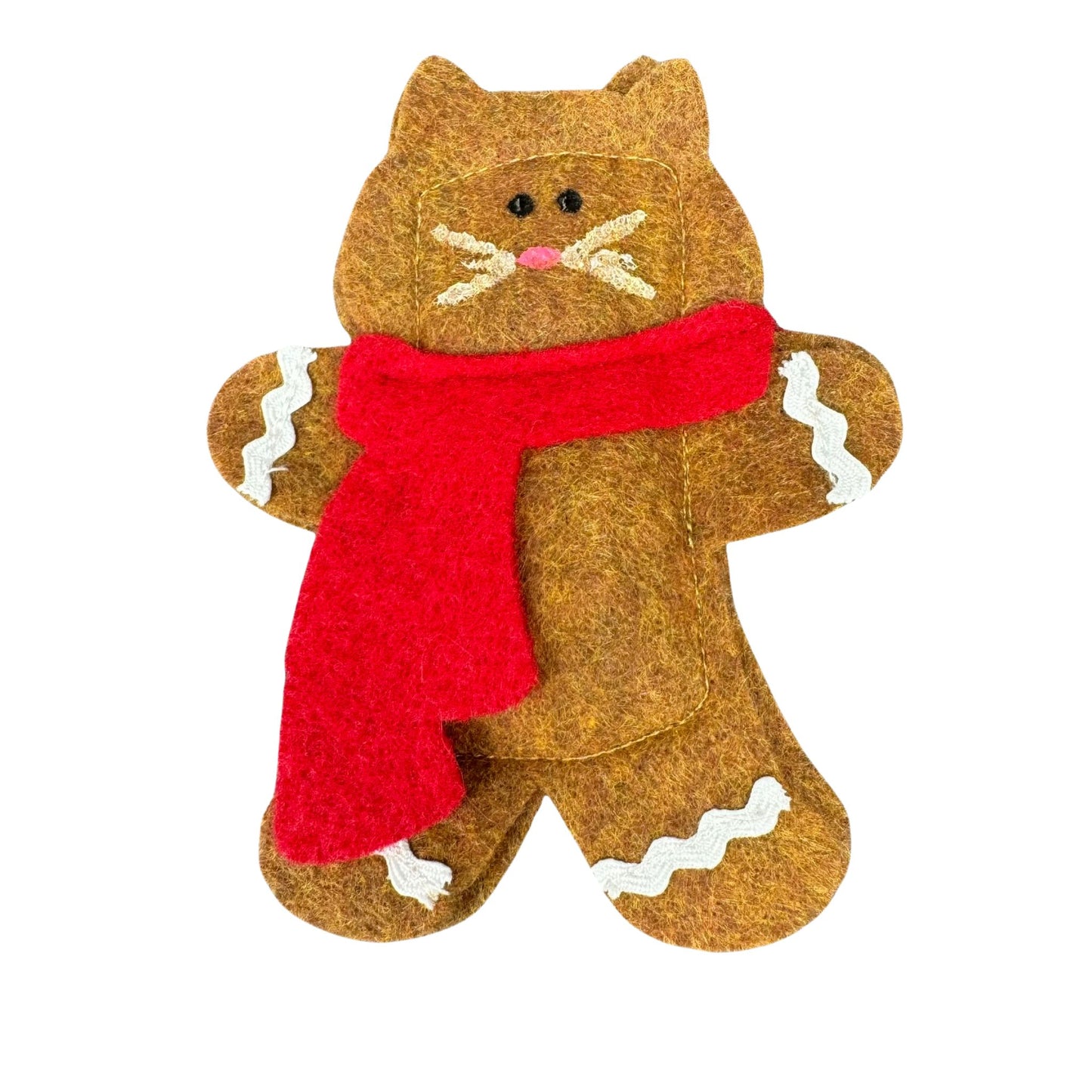 Gingerbread Catnip Cat Toy from CatnipTakeout - A brown cat-shaped toy resembling a gingerbread cookie, complete with a red scarf, pink nose, and whiskers.
