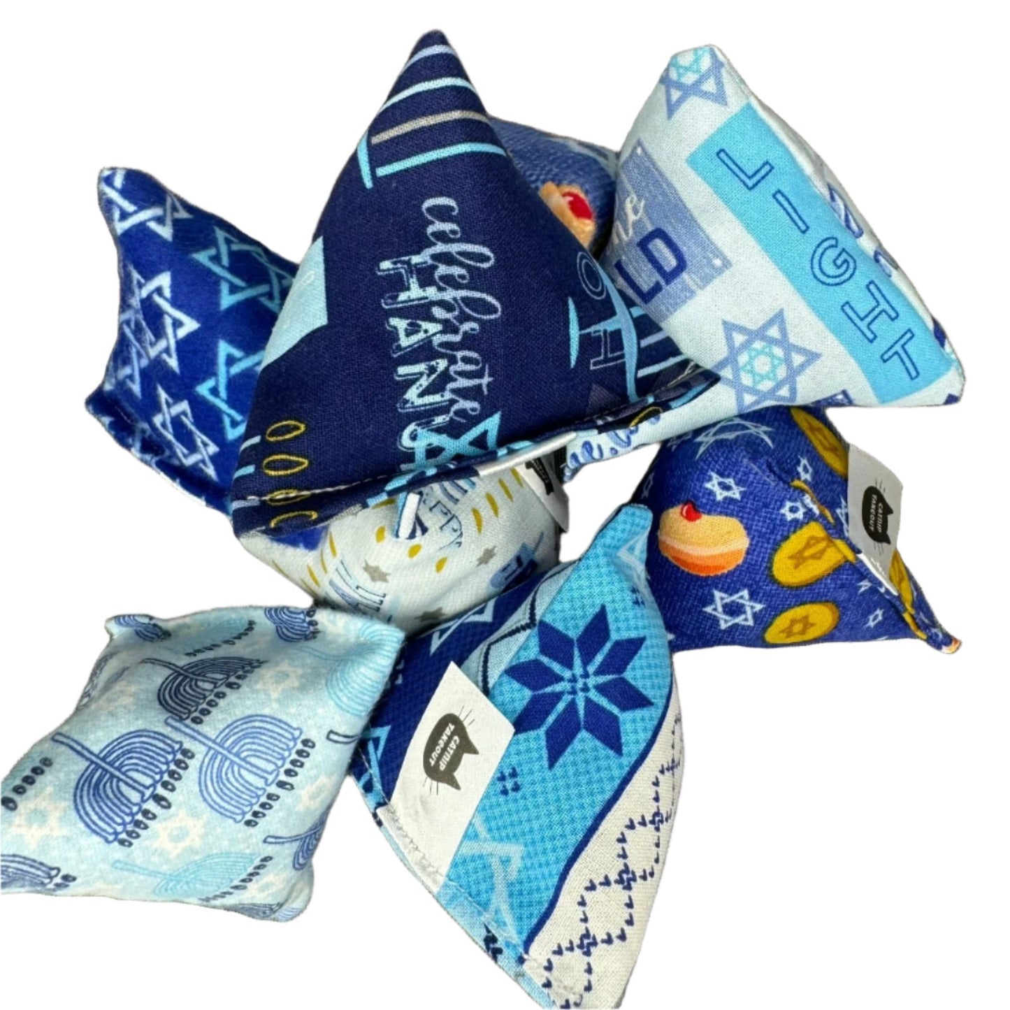 Sufganiyot Treats | Happy Sack Catnip Cat Toy from CatnipTakeout - A toy featuring sufganiyot treats on a soft blue flannel background, perfect for festive playtime.