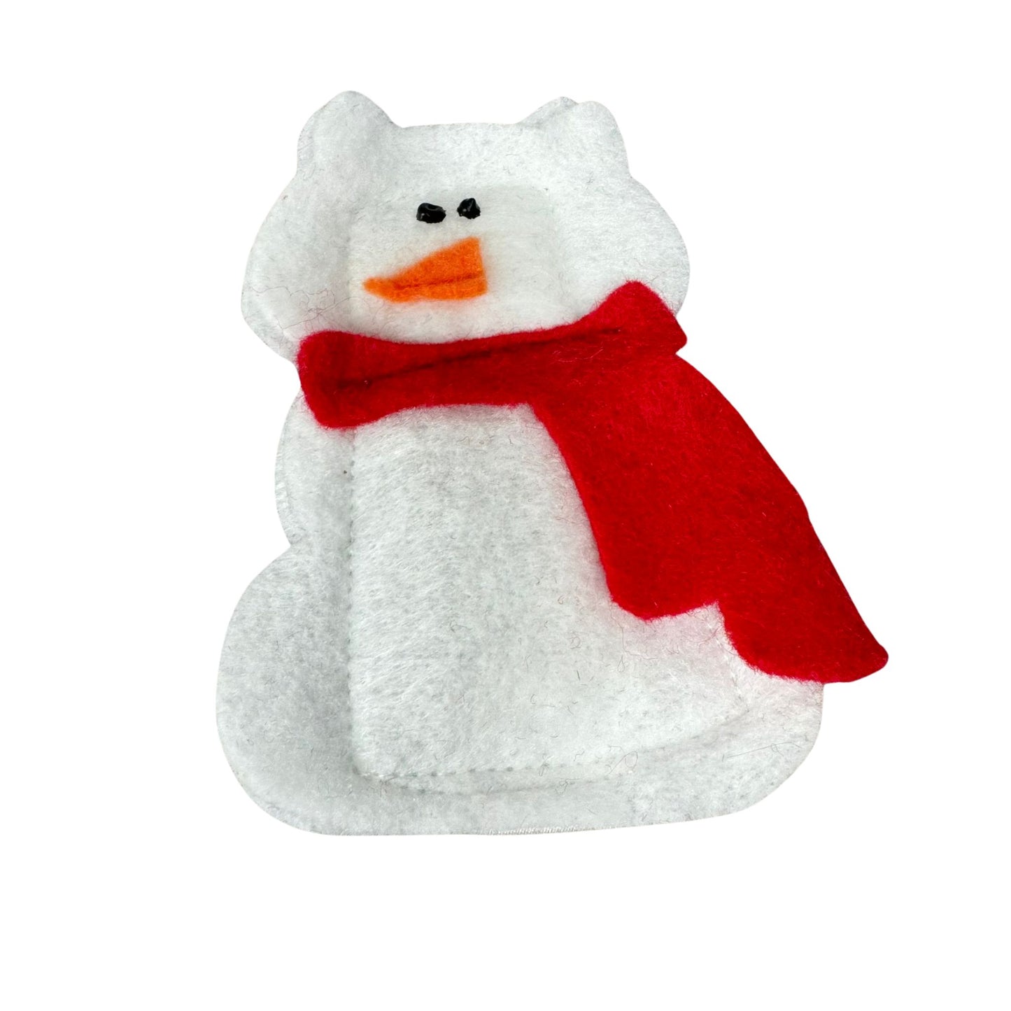 Snowman Catnip Cat Toy from CatnipTakeout - A fluffy white toy resembling a snowman, featuring a cat head, a red scarf, an orange carrot nose, and coal-like eyes.