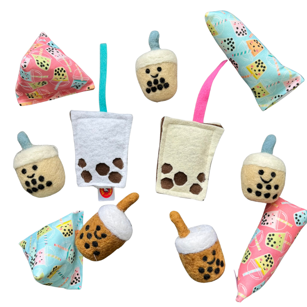 Bubble tea cat toy for chase and swat play, chasing and swatting