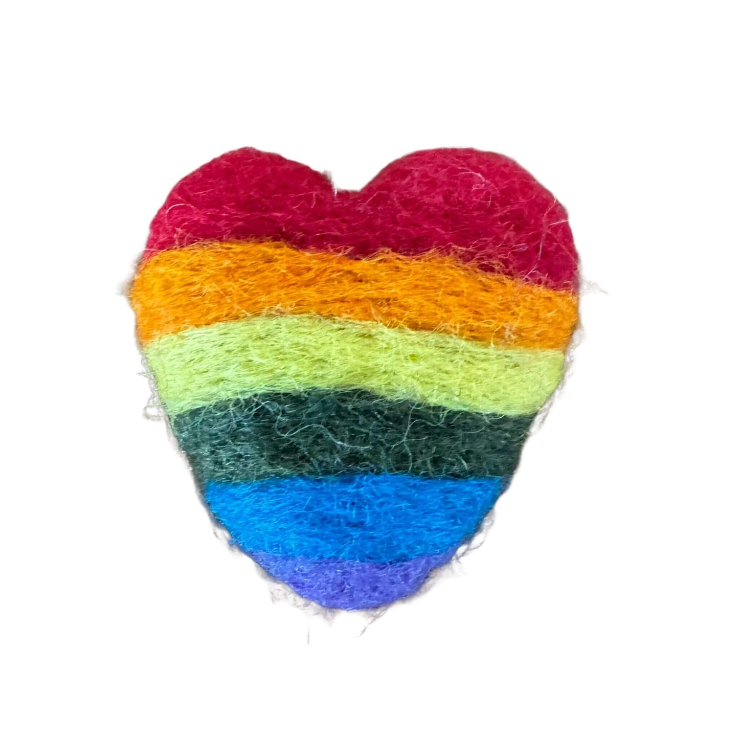 Close-up of a rainbow-colored heart shaped felt toy designed for cat play