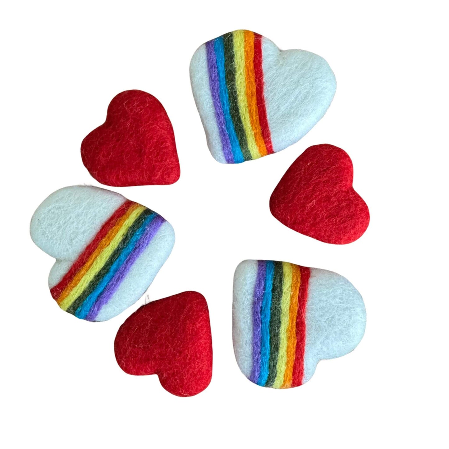 Circle of felt toys with rainbows and hearts, sprayed with catnip for cats.