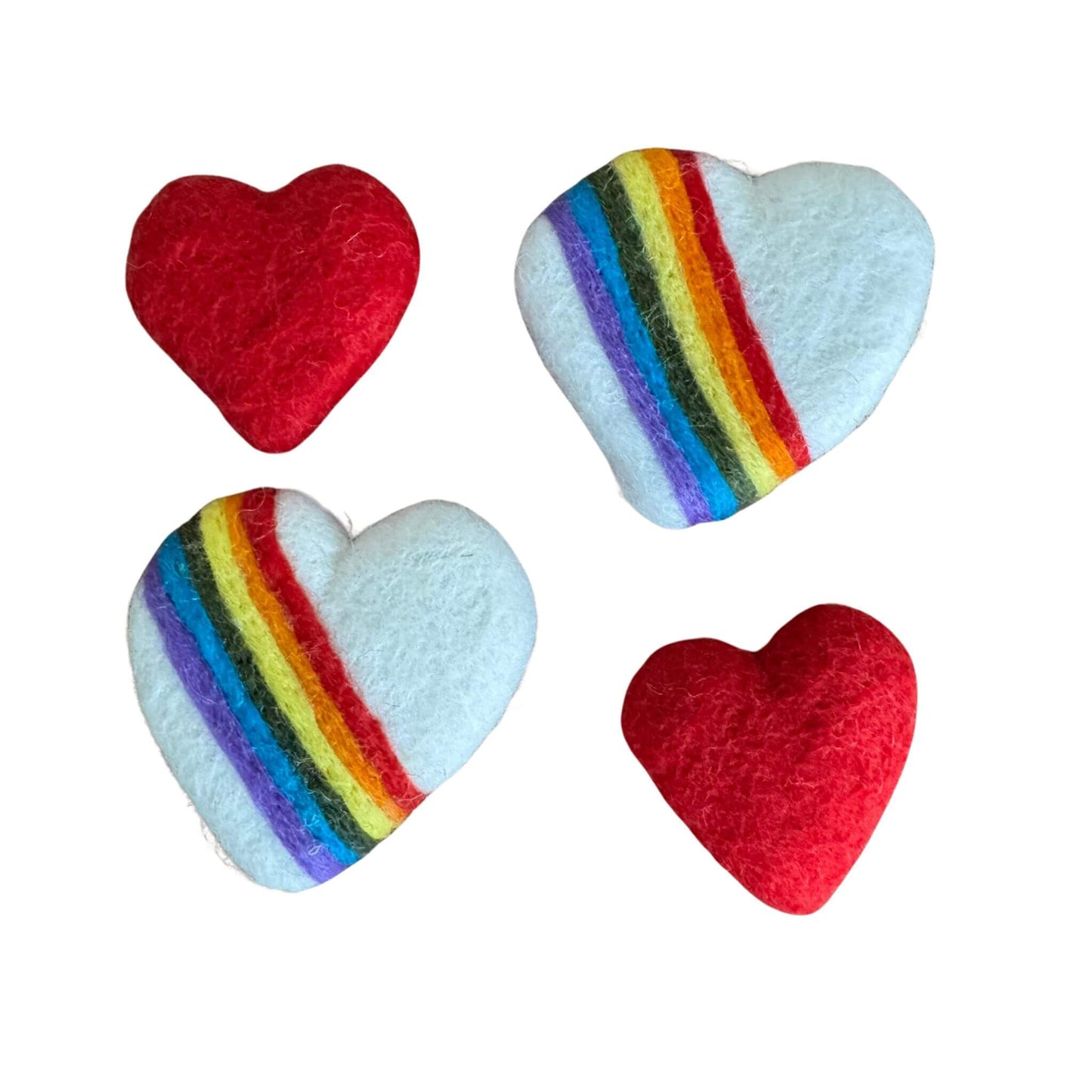 Circle of felt toys with rainbows and hearts, sprayed with catnip for cats.