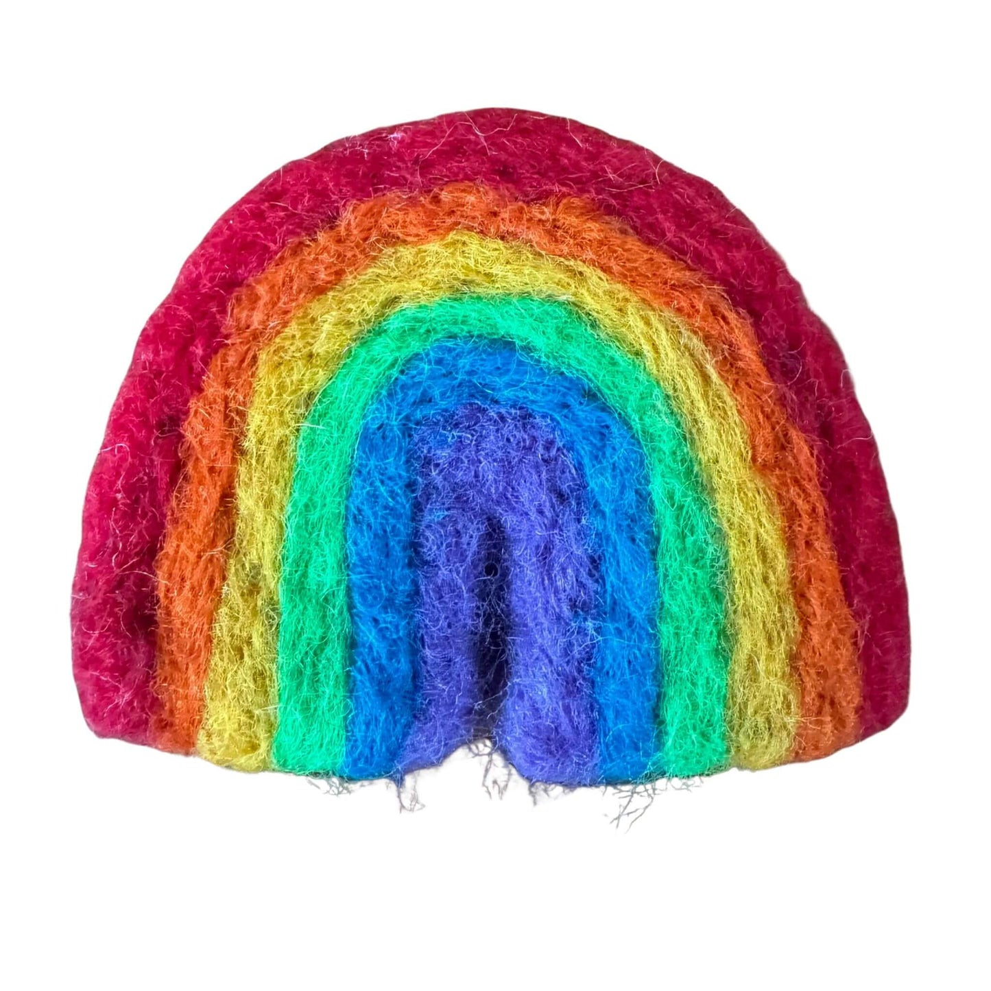 Close-up of a rainbow-shaped felt toy designed for cat play