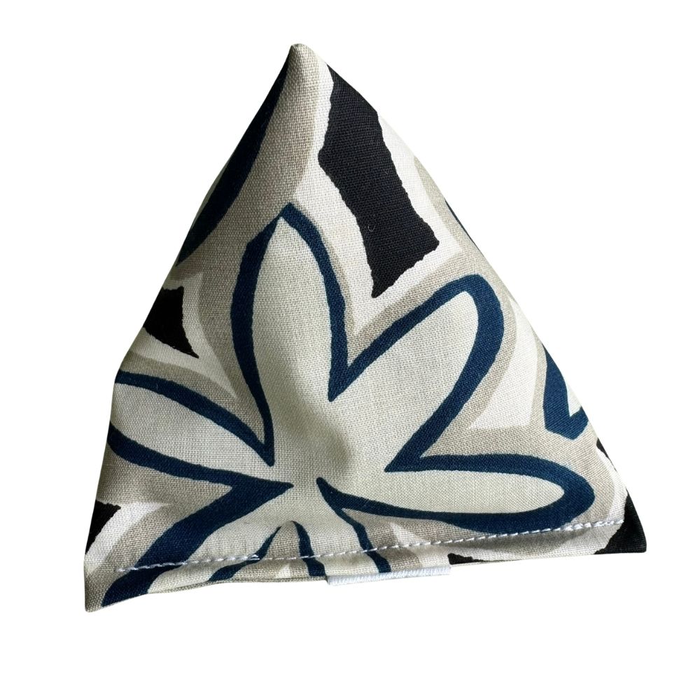 Maui Vibes Midnight Plumeria Happy Sack cat toy in black, cream, and blue retro floral fabric for bored cats who love batting and pouncing.