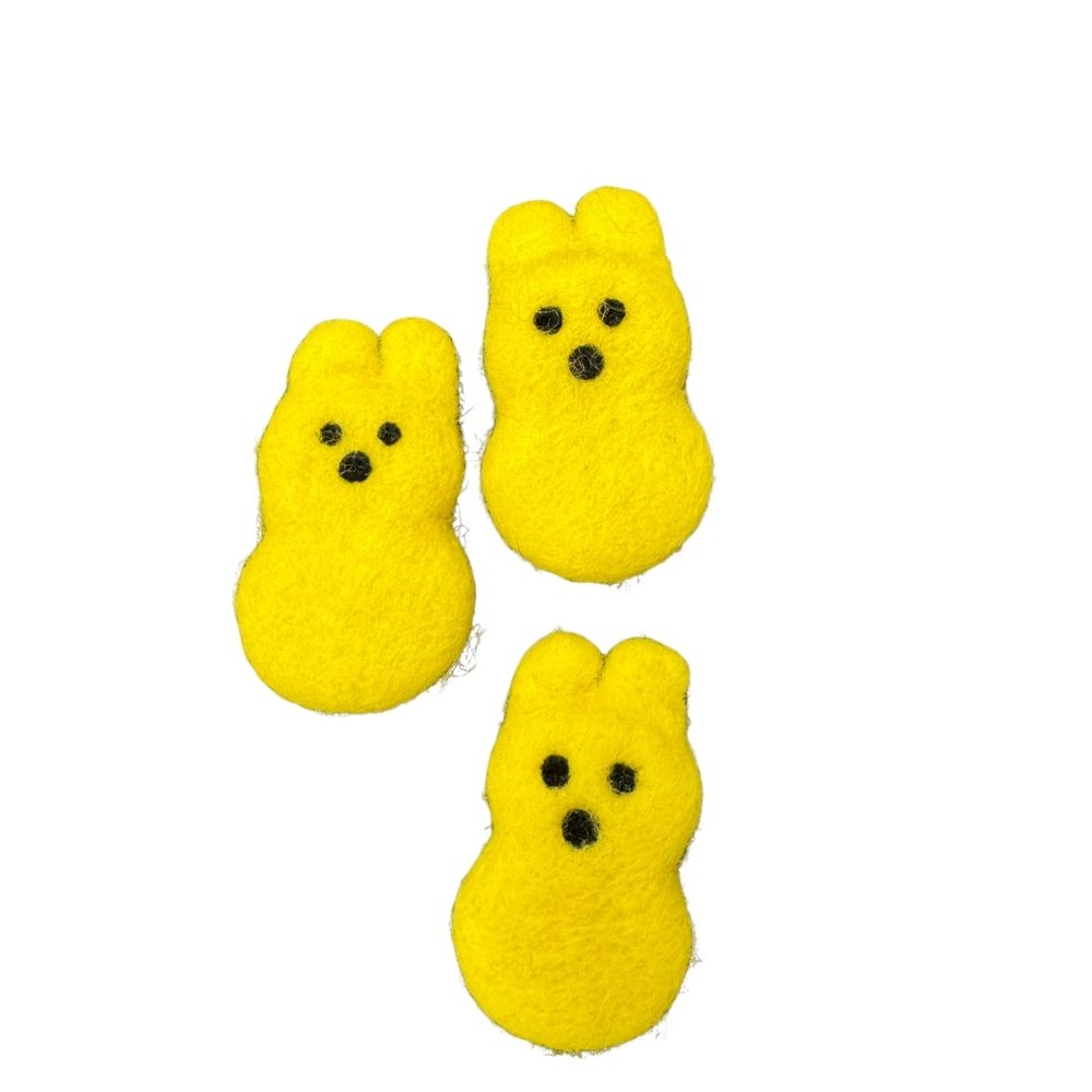 Group of Yellow Peep cat toys sprayed with catnip, handmade 3 inch spring cat toys for interactive indoor play