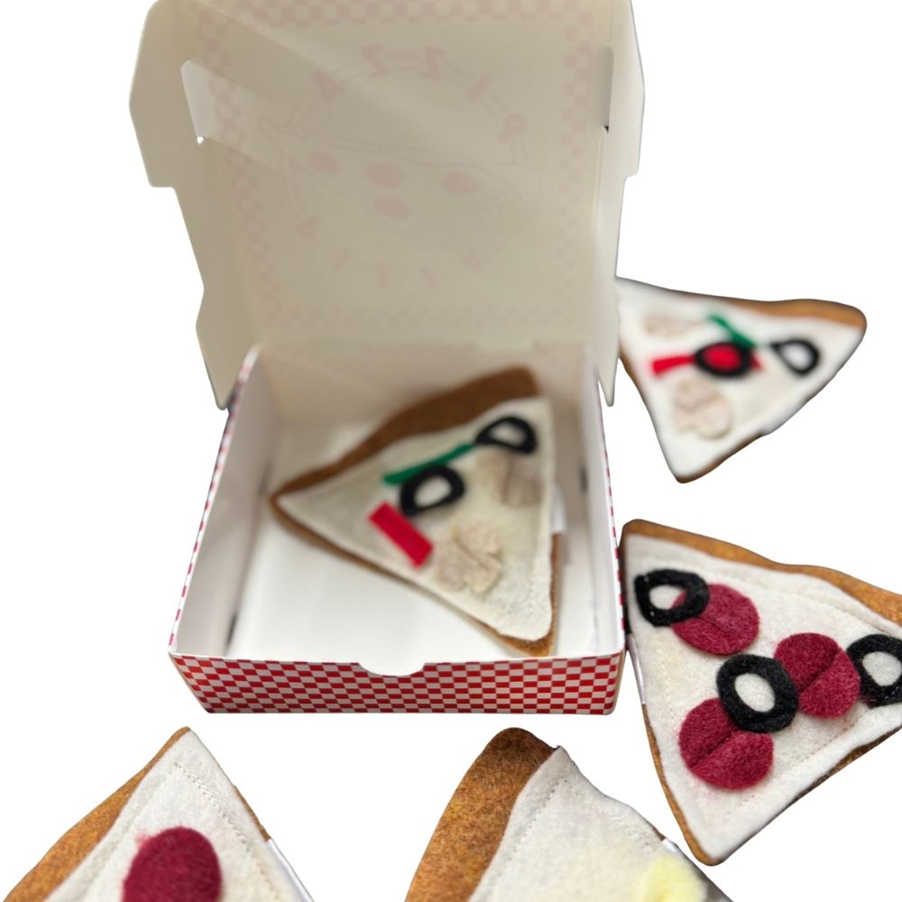 Pizza cat toy slices inside red and white checkered takeout style pizza box