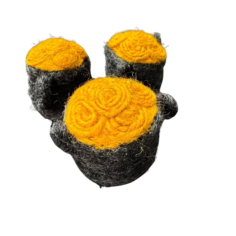 Group of three wool pot of gold cat toys standing upright for St. Patrick’s Day seasonal collection.