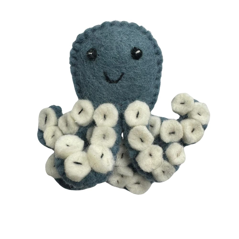 Handmade slate blue wool octopus cat toy with cream felt suction cup tentacles sprayed with premium catnip for indoor cat enrichment.