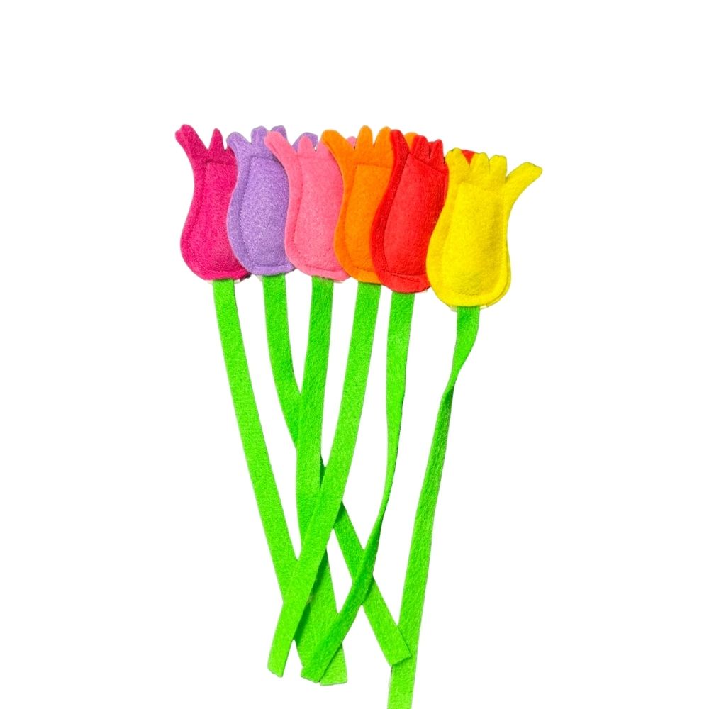 Assorted tulip cat toys filled with catnip in six bright colors arranged together