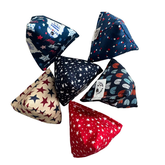 4th of July Cat Catnip Toy Happy Sack featuring patriotic fabric prints in red, white, and blue with stars and stripes. Made by CatnipTakeout.