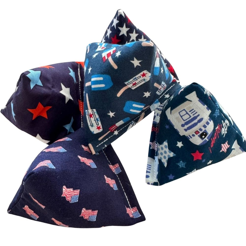 Handmade Happy Sack cat toys with patriotic stars, popsicles, flags, and fireworks prints filled with premium catnip