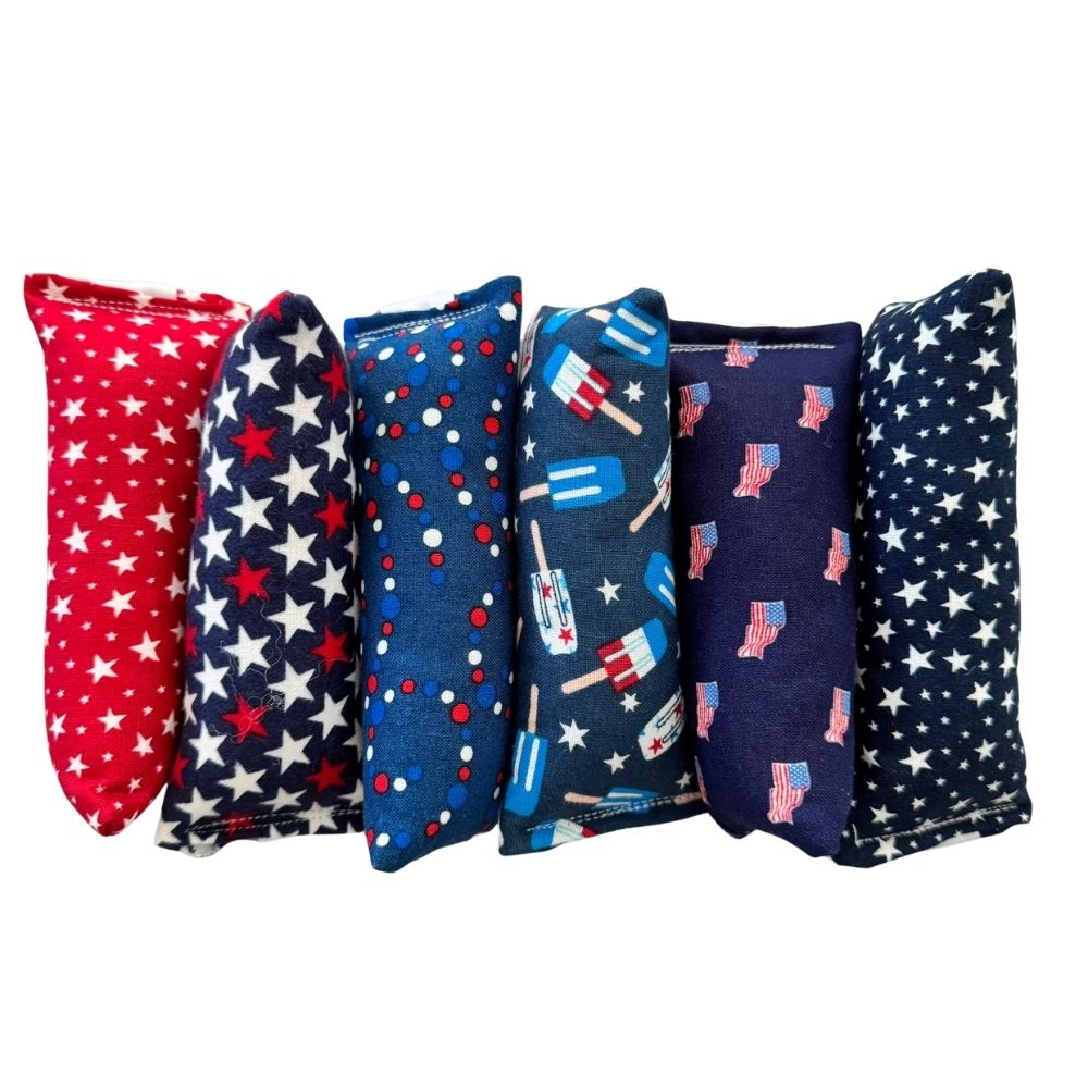 Patriotic Mini Kicker cat toys with stars, flags, fireworks, and summer popsicle prints filled with premium catnip