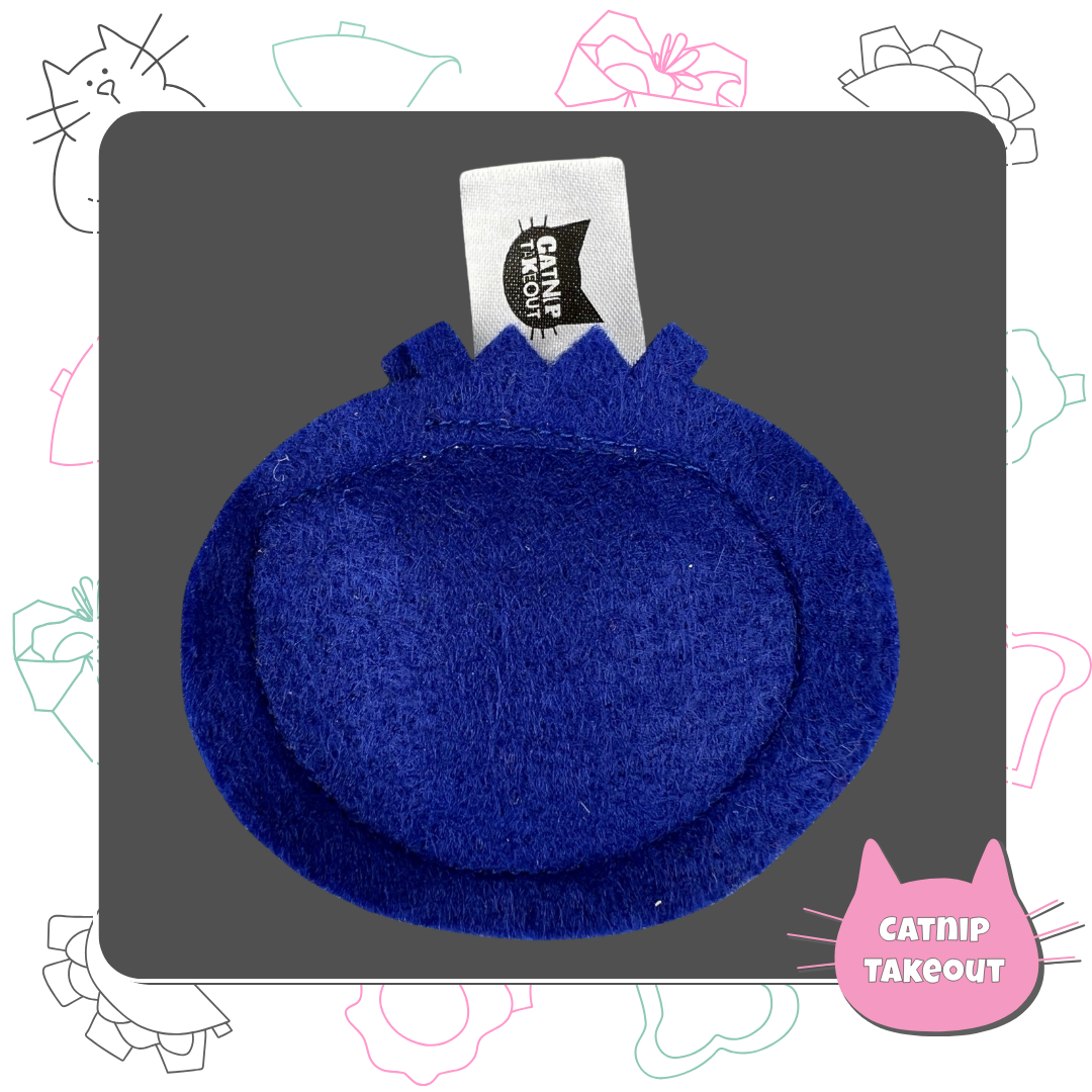 Blueberry-Cat-Toy-Catnip-Organic-CatnipTakeout; a blue felt blueberry on a Grey background