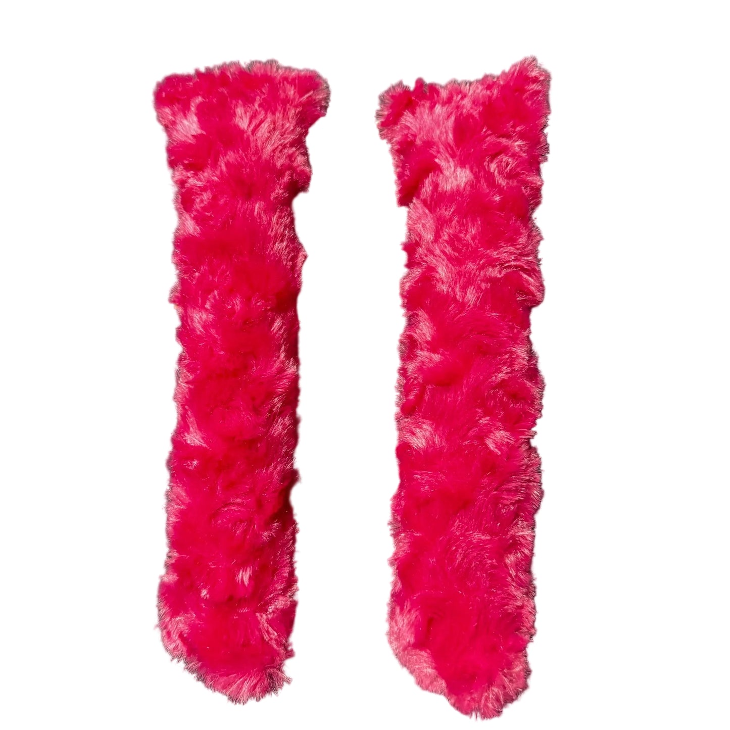 Two handmade bright pink minky kicker cat toys shown side by side, soft plush texture ideal for energetic bunny kicking play, filled with signature premium catnip. Made by CatnipTakeout.