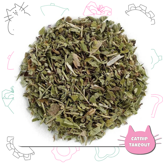 Catnip-Cat-Toy-Organic-CatnipTakeout;a pile of dried catnip herbs on a white background