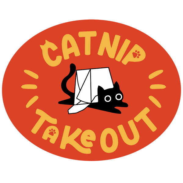 CatnipTakeout circular logo with a black cat, white paper, and text on an orange background.