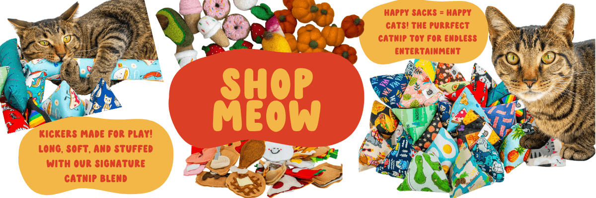 Two tabby cats pose with CatnipTakeout’s bestselling cat toys: colorful kicker catnip toys and pyramid-shaped Happy Sacks. Includes food-themed wool toys. Fun, bold, interactive catnip toys for all ages. Made by CatnipTakeout.