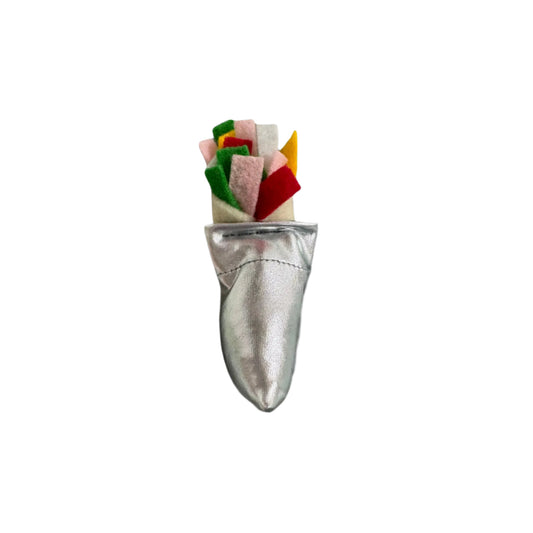 A handmade cat toy designed to resemble a burrito, with catnip as the filling, and decorative elements like tomato and lettuce.