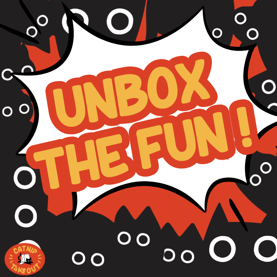 Promotional graphic with 'Unbox the Fun!' text and a cartoon character on a black background.