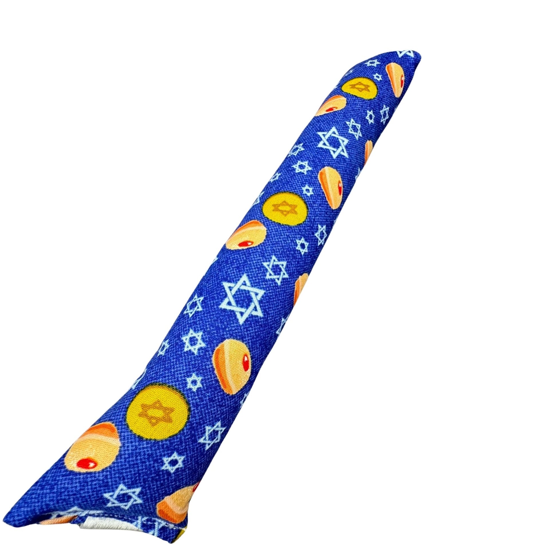 Sufganiyot Treats Kicker Catnip Cat Toy – blue background with donuts and stars – CatnipTakeout.