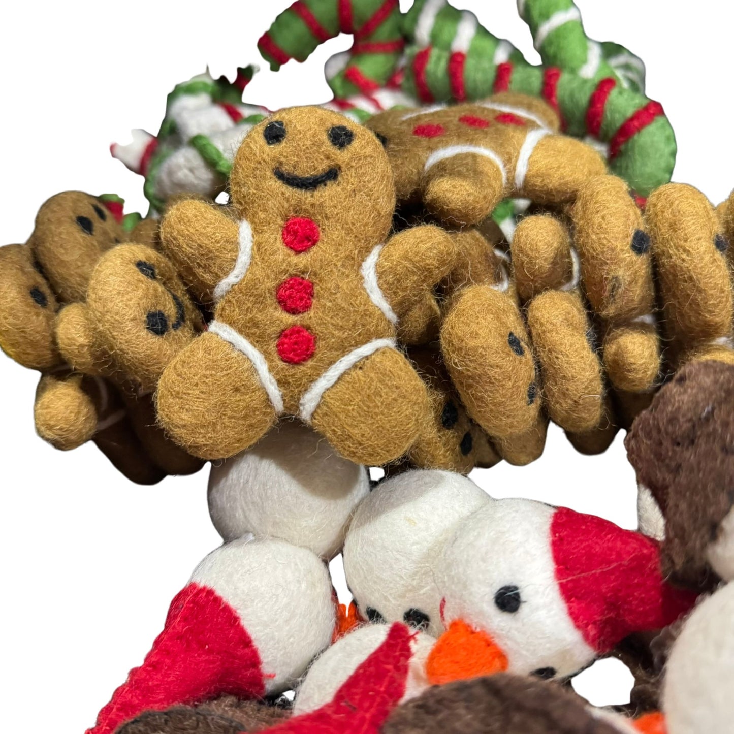 Felt Christmas Catnip Cat toy including gingerbread men and snowmen on a white background