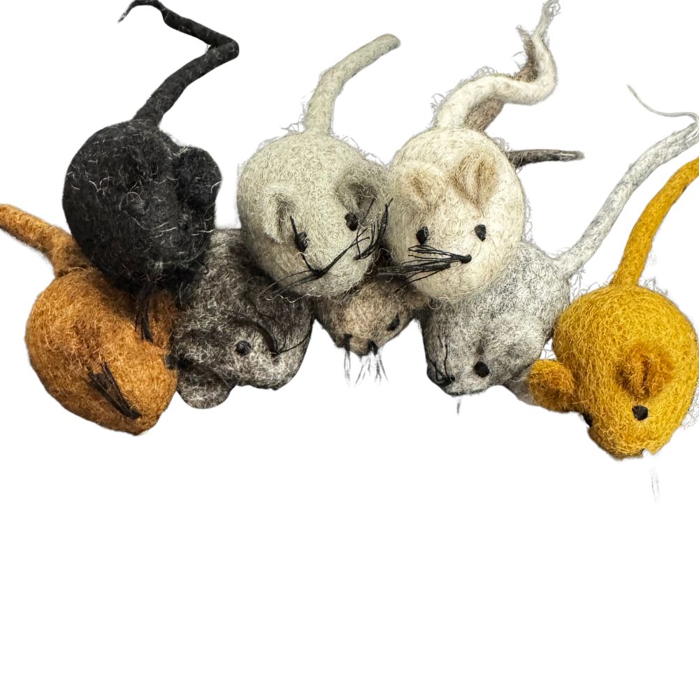 Set of felted mouse toys in various colors on a white background