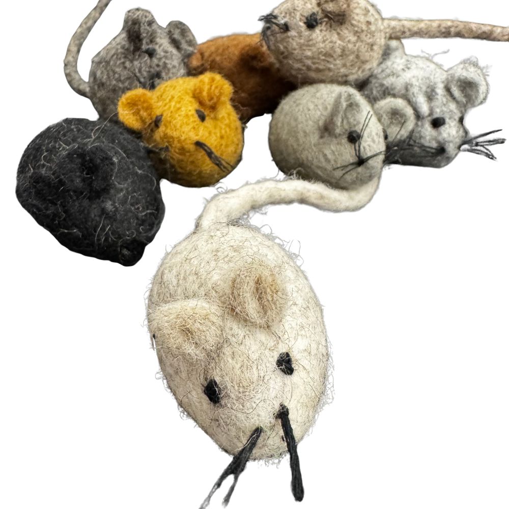 Collection of felted mouse toys in various colors on a white background