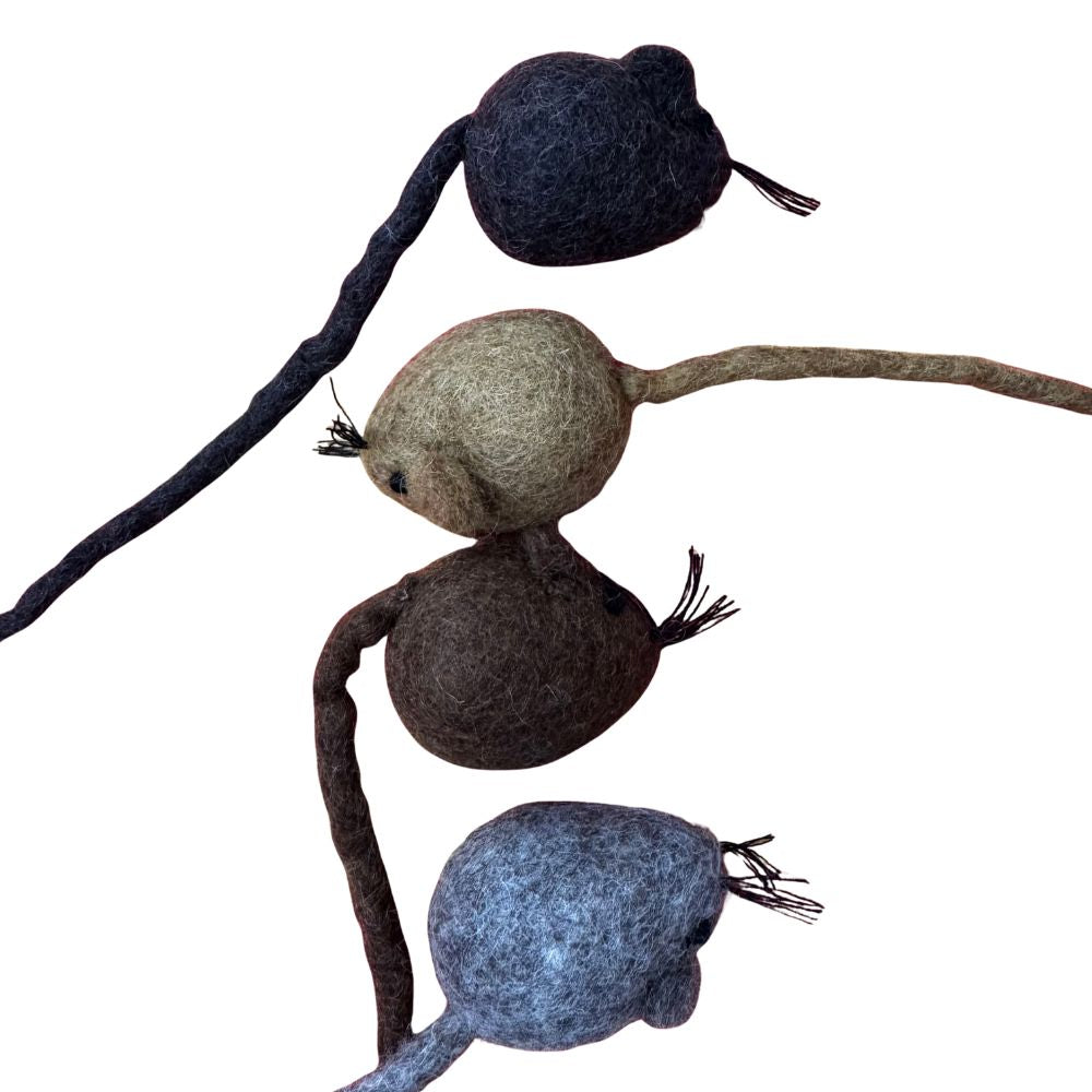 Set of four textured, multicolored cat toys on a white background