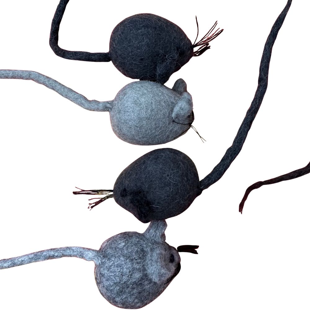 Three stylized mouse figures in gray and black on a white background