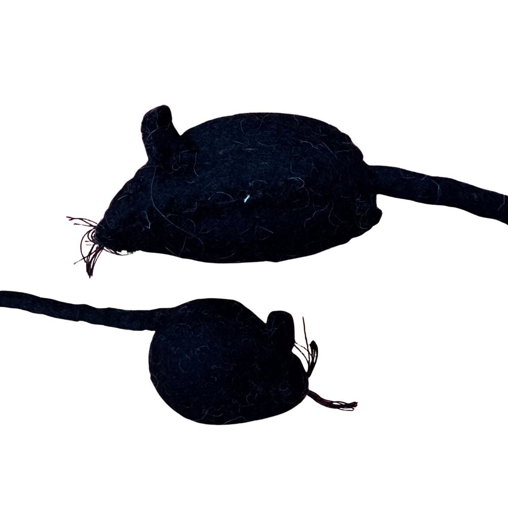 Two wool mouse catnip cat toys on a white background