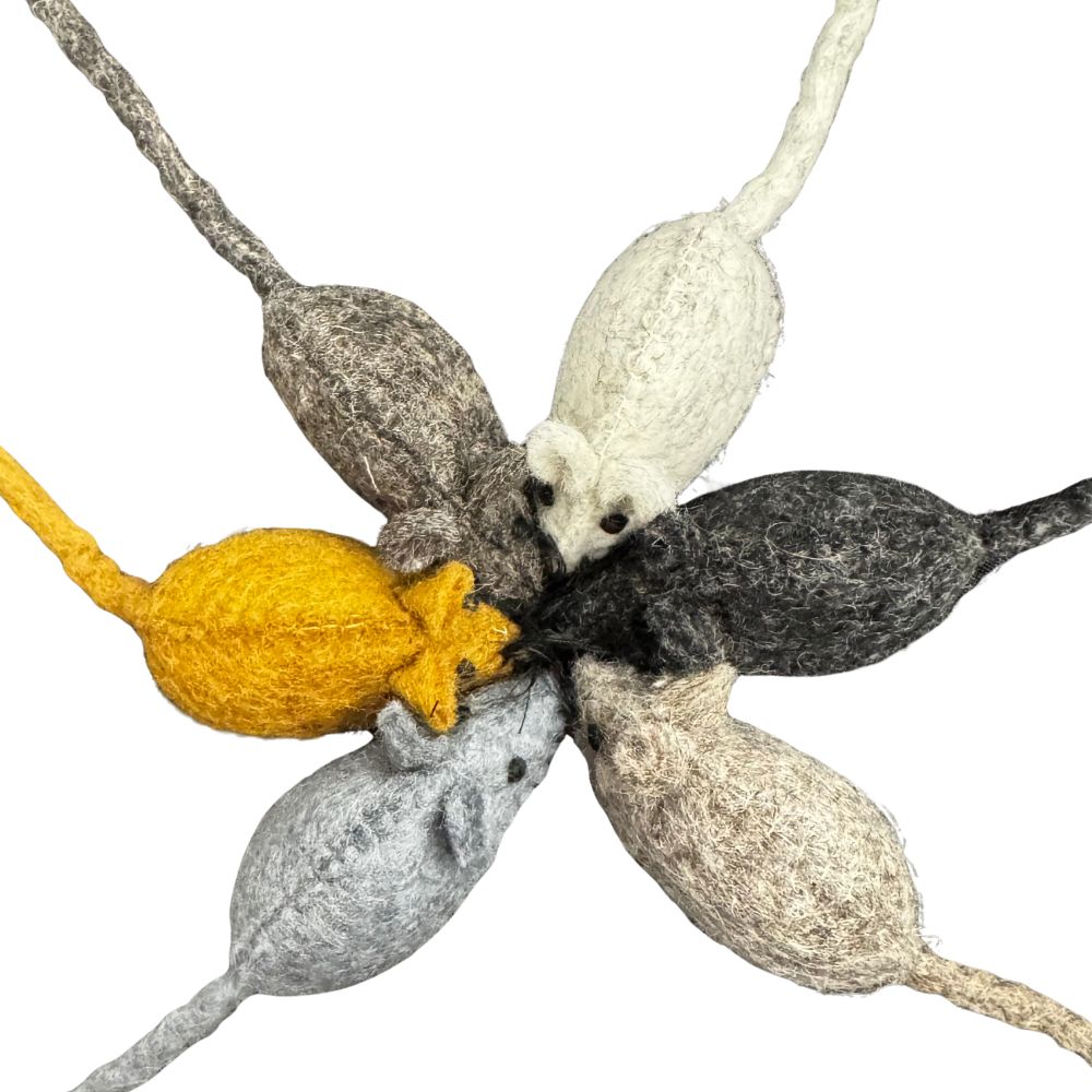 Felted mouse sculpture with a yellow fish on a white background