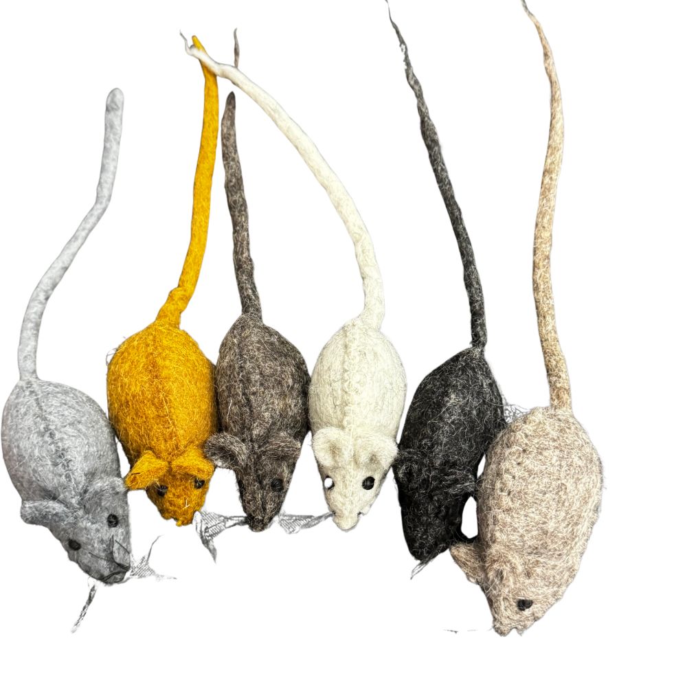 Set of six felted mouse toys in various colors on a white background