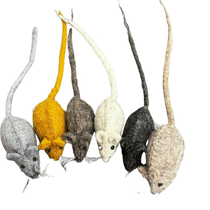 Set of six felted mouse toys in various colors on a white background
