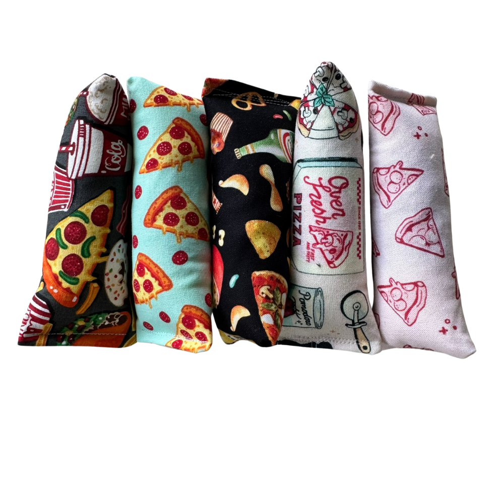 Pizza catnip toy for cats featuring durable fabric and catnip filling designed for interactive play, chasing, and kicking for active indoor cats