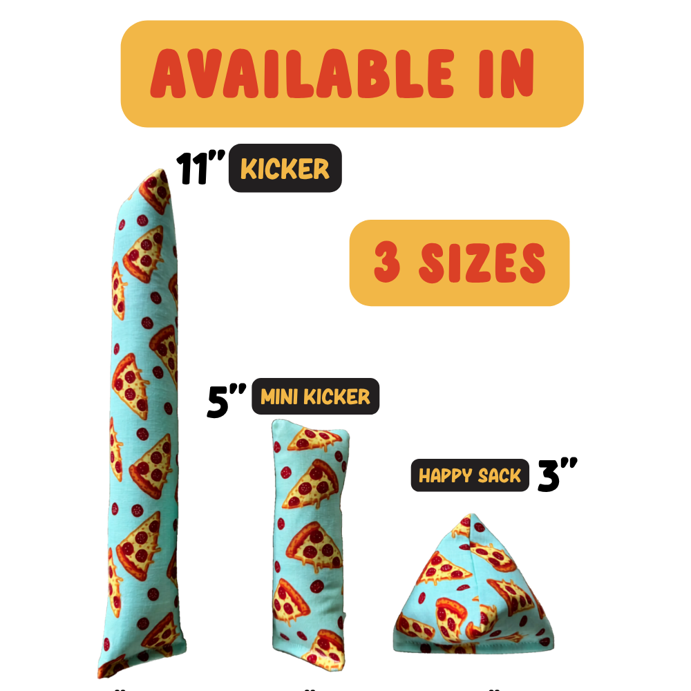 Pizza kicker catnip toy designed for active cats who love to grab, kick, and wrestle during high-energy interactive play
