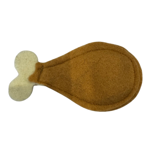 Brown and beige Turkey cat toy shaped like a drumstick on a white background
