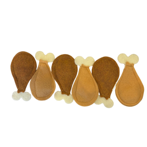 Set of felt turkey leg cat catnip toys on a white background