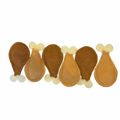 Set of felt turkey leg cat catnip toys on a white background