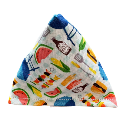 Backyard grilling themed catnip toy for cats with burgers, skewers, corn, watermelon, and cookout foods