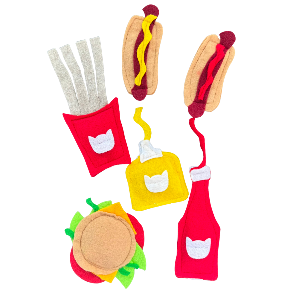 BBQ cat toys featuring cheeseburger, hot dogs, fries, ketchup bottle, and mustard bottle filled with catnip