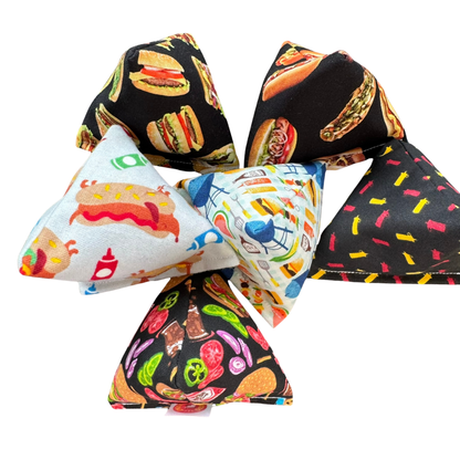 Handmade catnip toys for cats featuring burgers, hot dogs, grilling themes, ketchup, mustard, and backyard cookout favorites