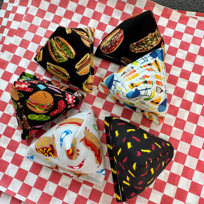 Catnip toys with burgers, hot dogs, ketchup bottles, mustard bottles, grilling foods, and picnic inspired foodie art
