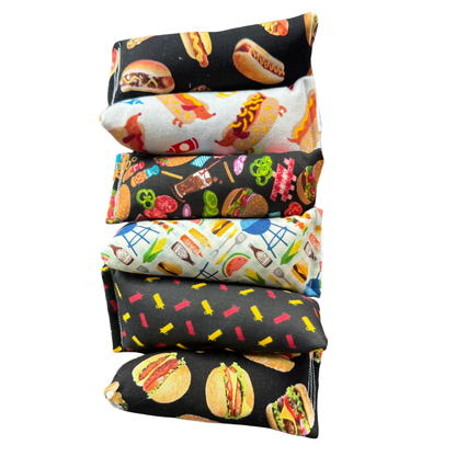 Catnip kicker cat toys with burgers, hot dogs, ketchup bottles, mustard bottles, grilling foods, and picnic inspired foodie art