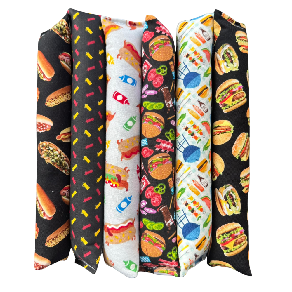 Catnip kicker cat toys featuring burgers, hot dogs, grilling foods, ketchup, mustard, and cookout inspired designs