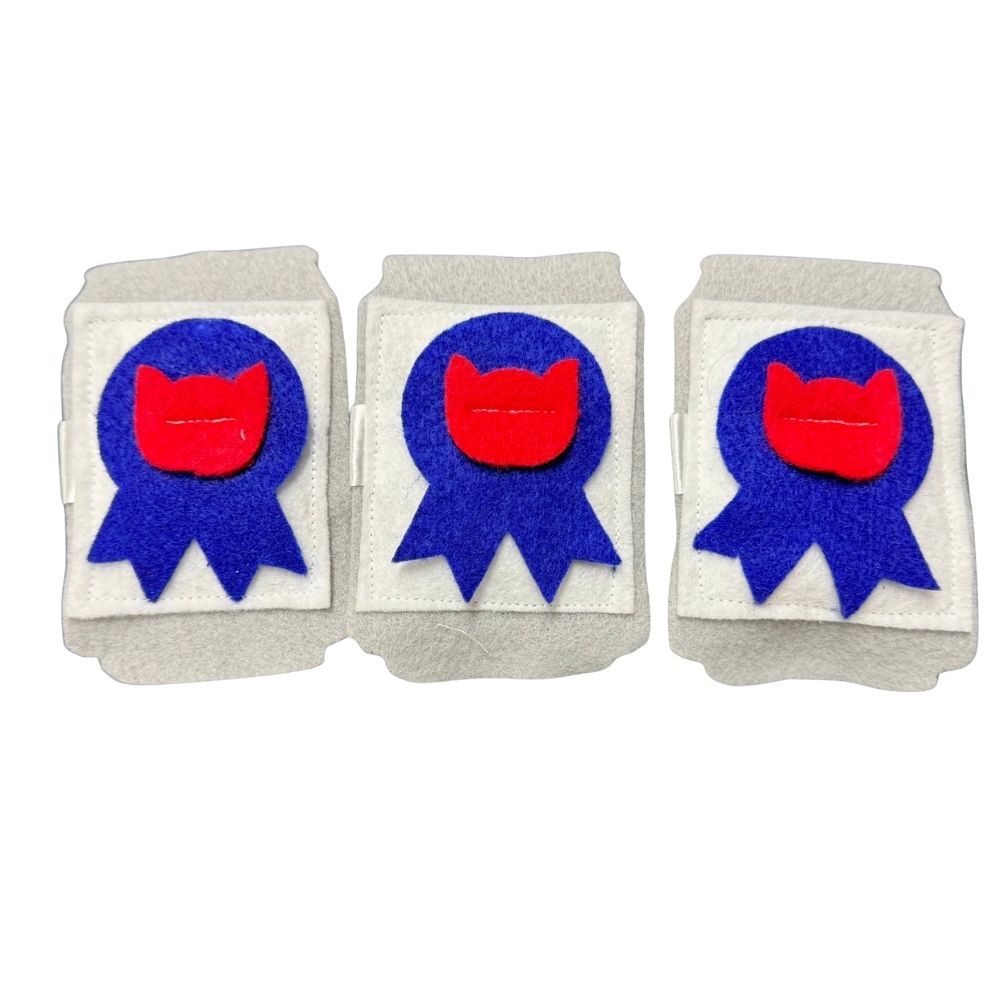 PBR beer can catnip toy ( 3 of them) with blue and red felt patch graphic on gray felt