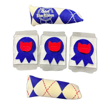 PNW Finest Rainier Beer beer can catnip toys with patterned fabric accents.