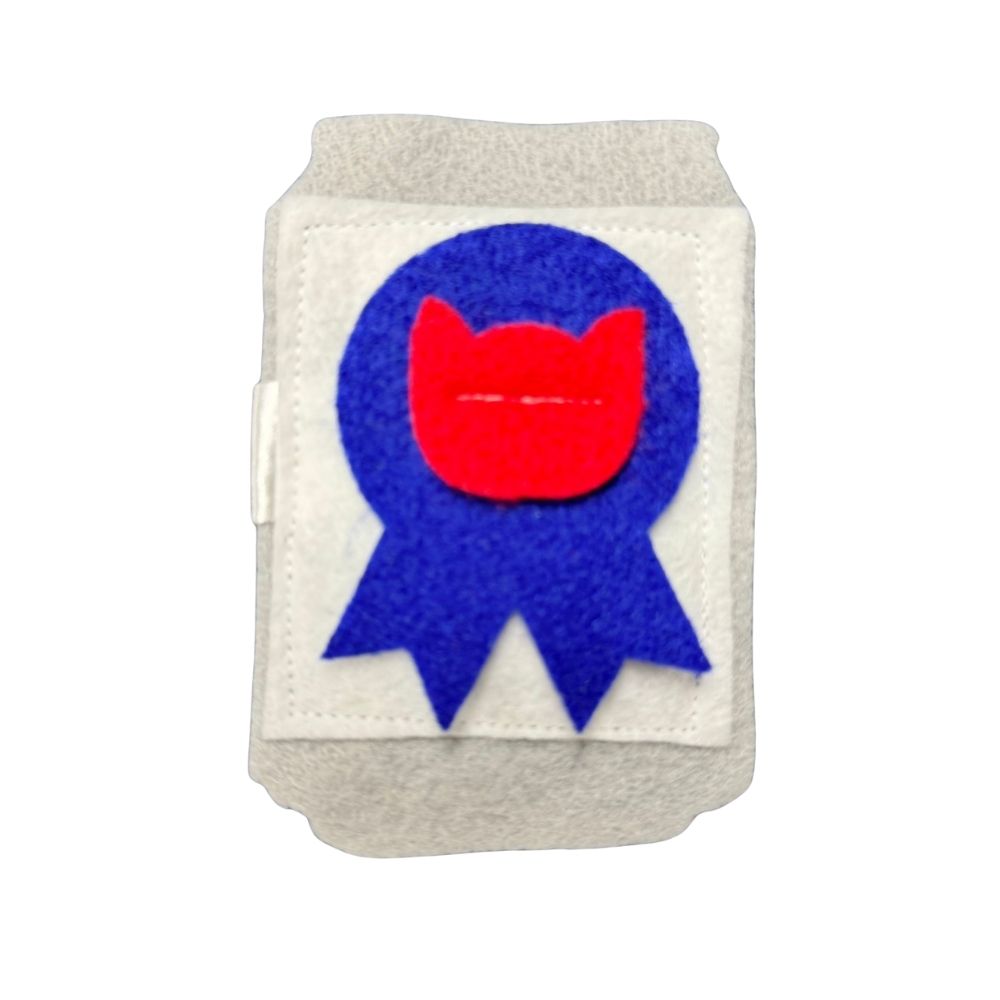 beer can catnip toy with blue and red felt patch graphic on gray felt - PBR 