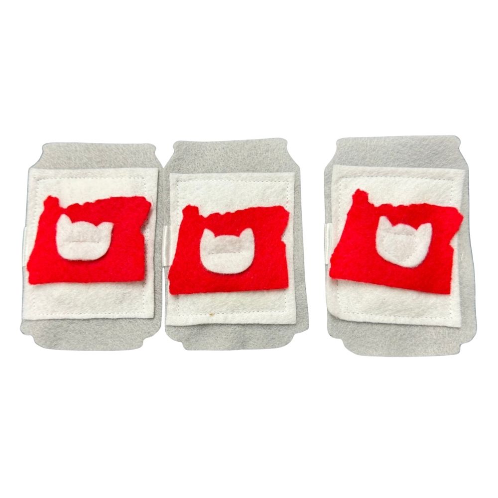 PNW Finest Rainier Beer beer can catnip toys with patterned fabric accents